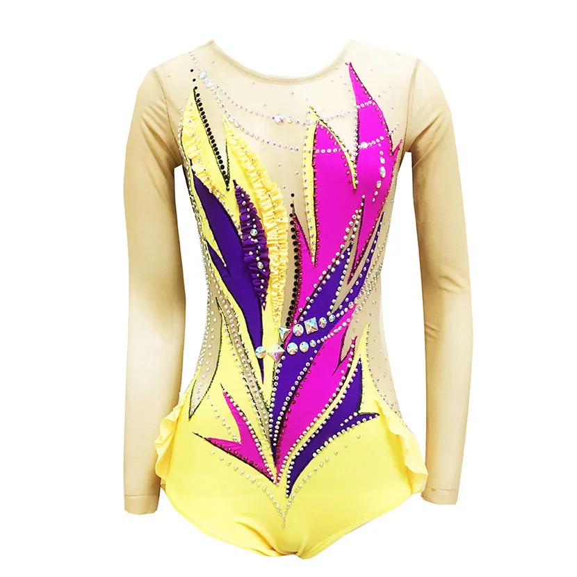 Yellow Artistic Gymnastics Competition Gymnastics Leotard Kids Performances Leotards Custom Style and Size