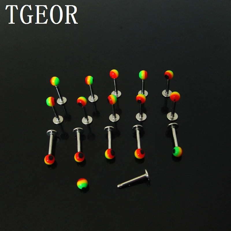 hot wholesale piercing body jewelry 100pcs 1.0*8*3mm printed lip ring rasta reggae ball labret piercing free shipping