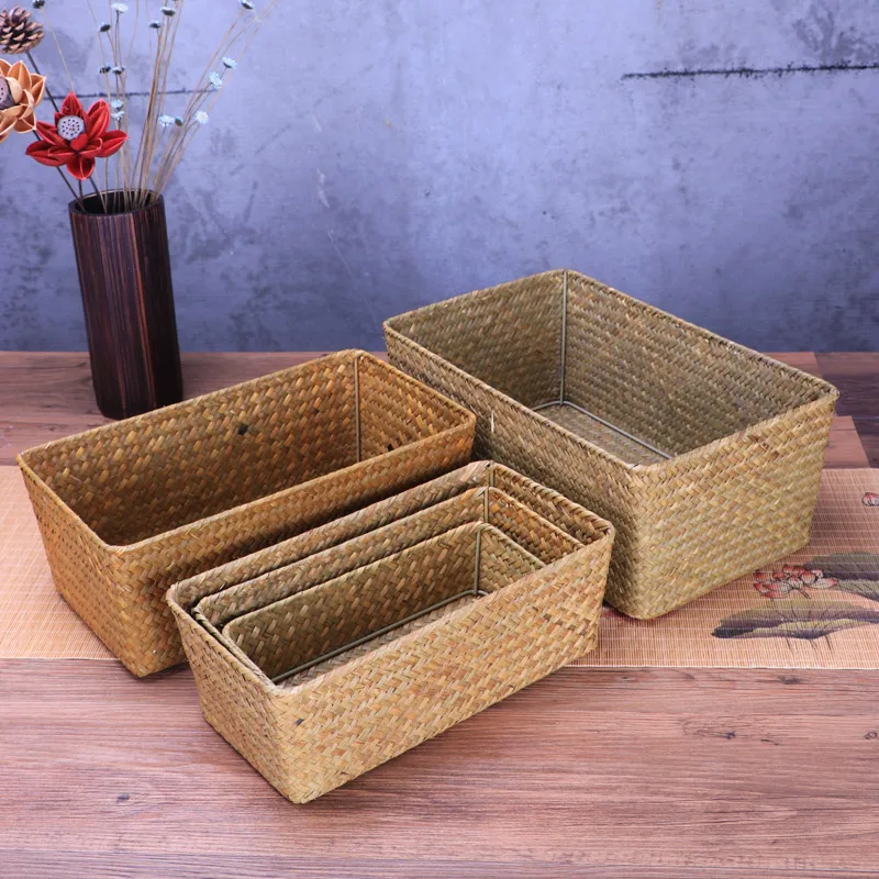 Handmade Straw Weaving Storage Of Things Fruit Dish Basket For Sundries Cosmetic Snacks Box Use For Kitchen Bathroom Gift