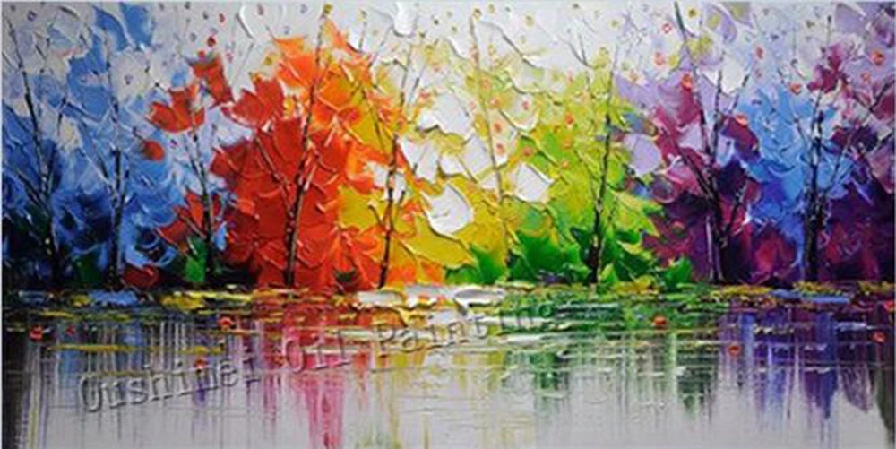 Abstract Colorful Trees on the River Oil Painting Applys to Hotel Study or Cafe Wine Bar Wall Painting Modern Knife Landscape