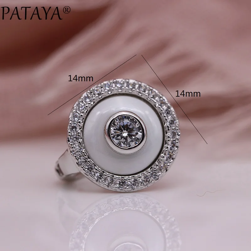 PATAYA New Promotion White Gold Color Ceramics Dangle Earrings Natural Zircon Women Wedding Fashion Jewelry Round Unique Earring