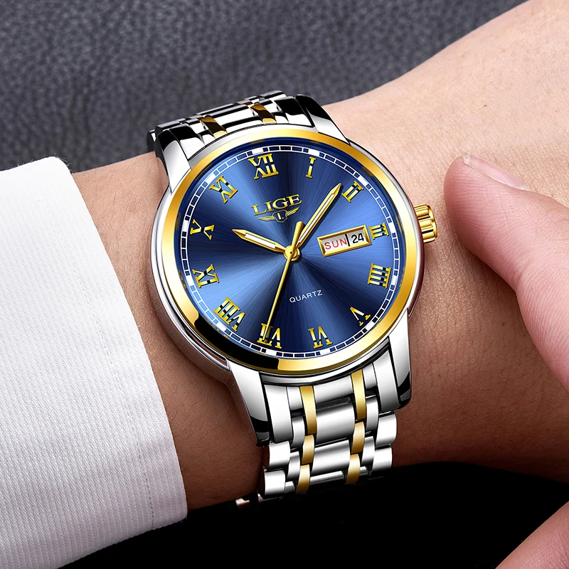 LIGE Luxury Brand Men Stainless Steel Gold Watch Men\'s Quartz Clock Man Sports Waterproof Wrist Watches relogio masculino