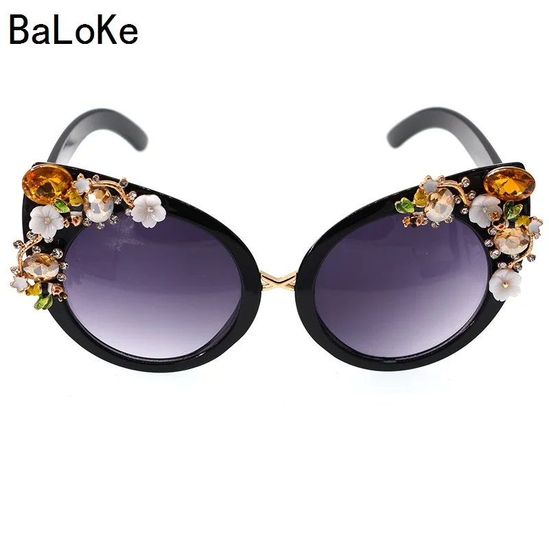 Baroque Big Designer Handmade Vintage Cat Sunglasses Flowers&Rhinestones Fashion ladies Sunglasses Beach&Party Decorations