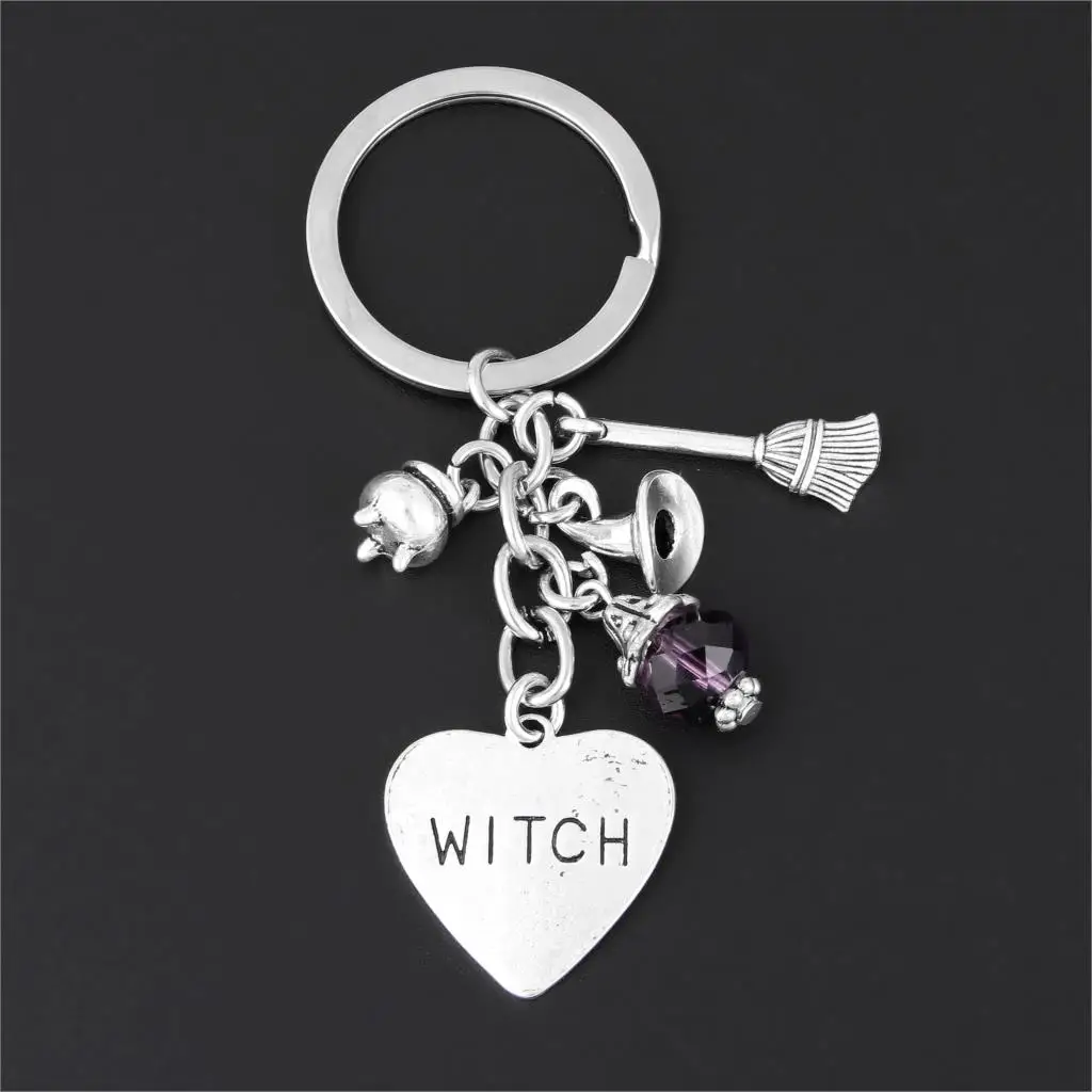 1Pc Halloween Sorcerer Witch Keychain Broom Purple Bead Pendant Keyholder Fit Car Handbag Jewelry Supplies E2700