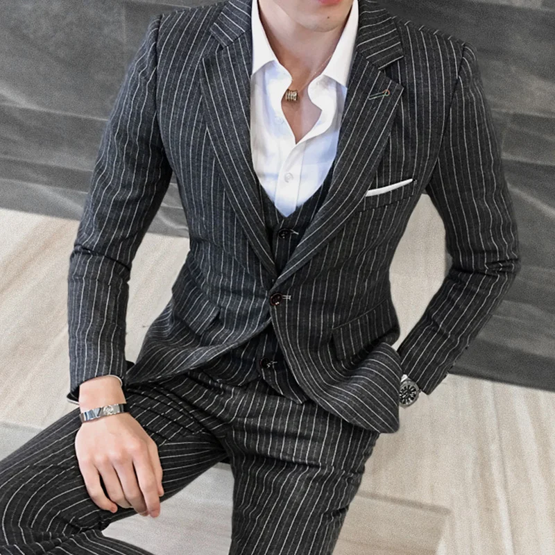 ( Jackets + Vest + Pants ) Men\'s Fashion High-grade Business Striped Suit Three-piece Men Wedding Dress Smart Suit Blazers