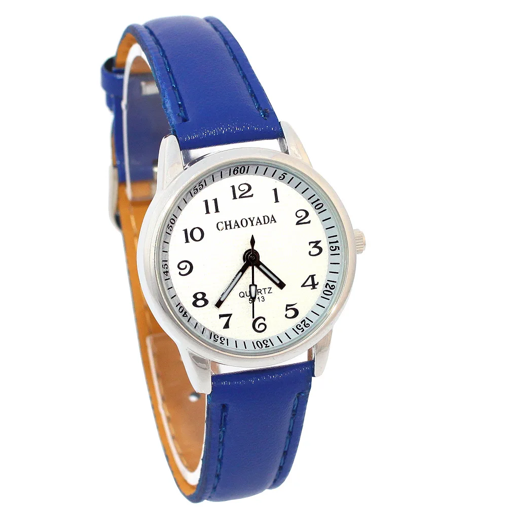 10 Colors Choose Easy to Read Kids Watch Leather Strap Quartz Movement Silver Case 28MM