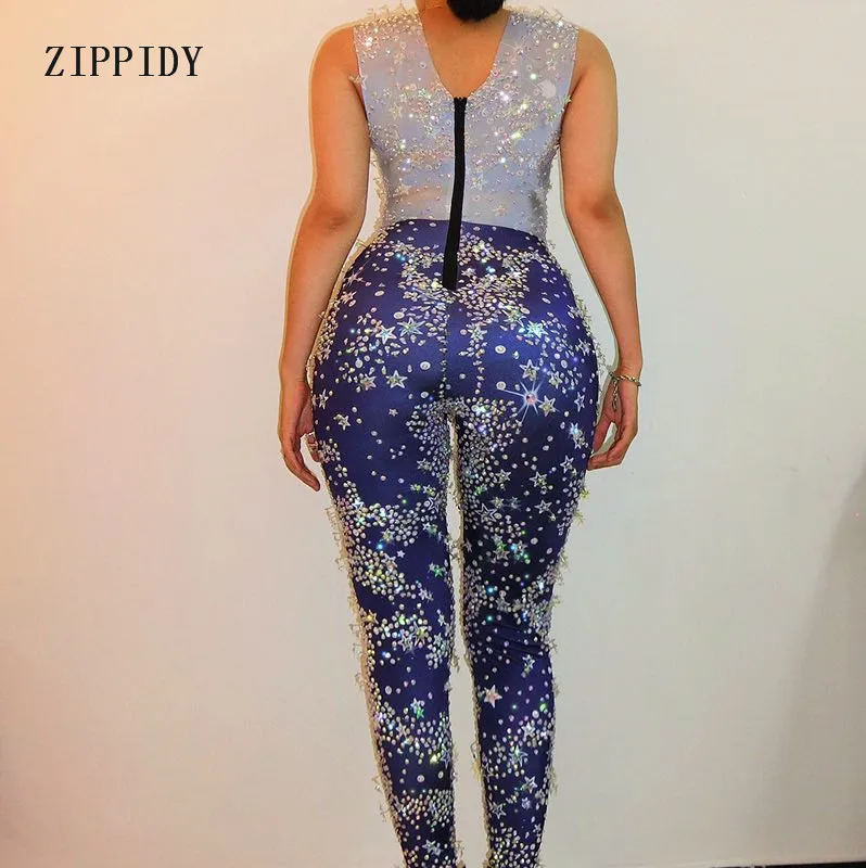 Sparkly Sterne Kristalle Blau Overall Glisten Strass Kostüm Body Bar Bühne Leistung Outfit Party Feiern Strampler