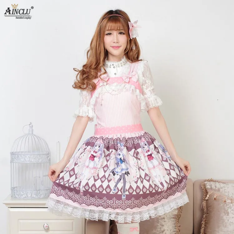 Ainclu Women's Pink Polyester Sweet Cute Rose Strap Princess Printing Lolita Dress