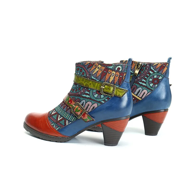 Retro Bohemian invierno Botas Mujer Zapatos Mujer doble hebilla decoración tobillo Botas para mujeres cremallera bloque tacones