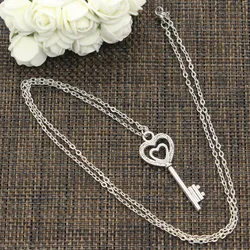 New Fashion Necklace Vintage Skeleton Heart Key 47x17mm Silver Color Pendants Short Long Women Men Colar Gift Jewelry Choker