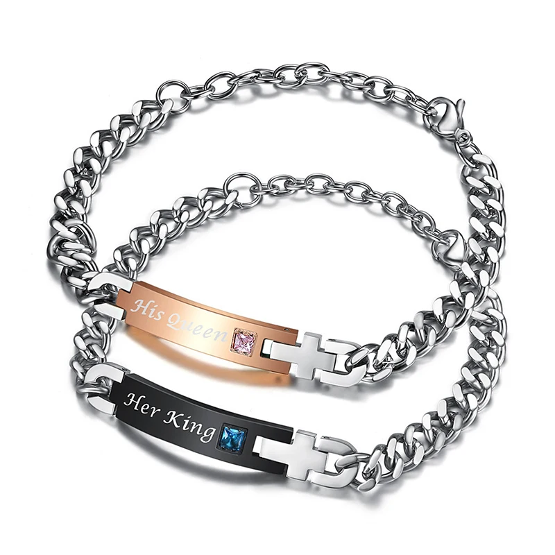 1 combo stainless steel silver color students couple bracelets link chain bangles for women men lovers