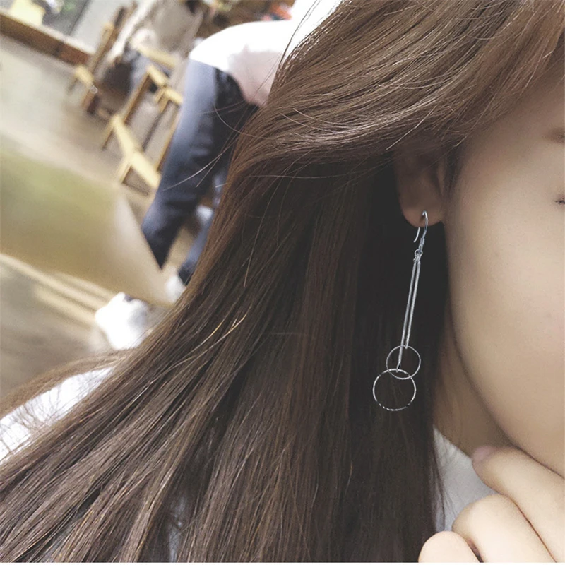 KOFSAC Trendy 925 Sterling Silver Hook Earrings For Women Creative Double Round Circle Earring Female Long Ear Line Jewelry Gift