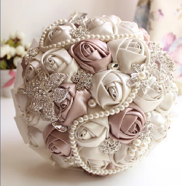 

In Stock 2016 hot crystal beaded Gorgeous Wedding Bouquet Rose Bridesmaid Artificial Flowers pearl Sapphire Ivory Bridal bouquet