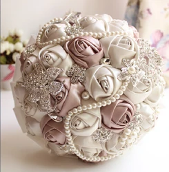 In Stock 2016 hot crystal beaded Gorgeous Wedding Bouquet Rose Bridesmaid Artificial Flowers pearl Sapphire Ivory Bridal bouquet