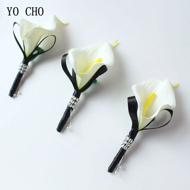 YO CHO-리얼 터치 칼라 릴리 Boutonnieres 꽃 단추 구멍 코르지, 화이트 블루 신랑 Boutonniere 웨딩 결혼 액세서리