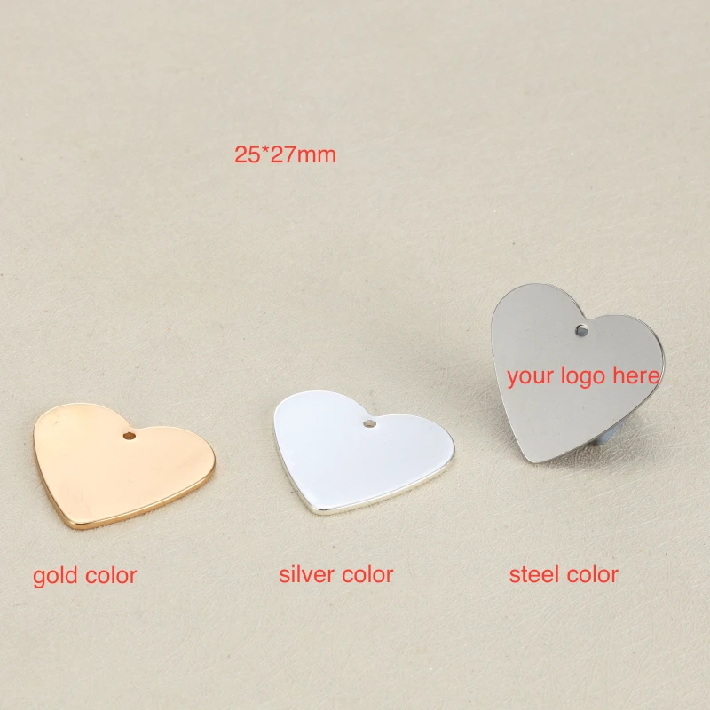 

50pcs 25*27mm High Quality Stainless Steel Custom Charm Metal Charms Heart Shape Engrave Customized logo with small quantity