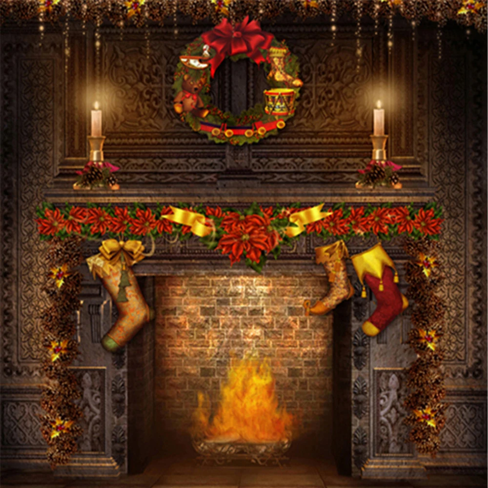 

Indoor Fireplace Christmas Photography Backdrops Vintage Printed Garland Candles Stockings Kids Holiday Party Photo Background