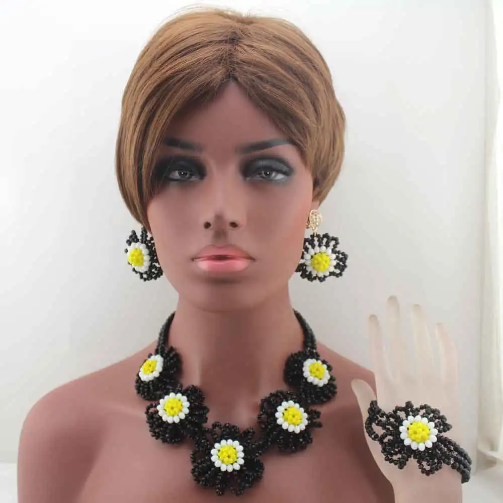 

New Fashion Black/Yellow/White African Wedding Necklace Set Asoebi African Bridal Beads Red Flower Jewelry Free Shipping W13640