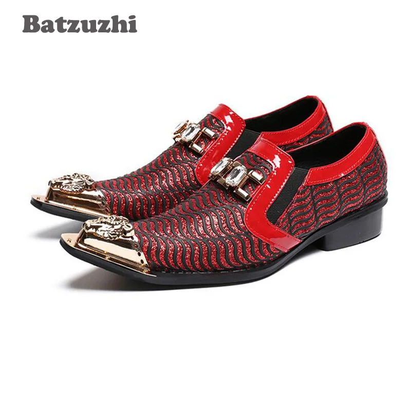 

Batzuzhi Men Dress Shoes Genuine Leather Luxury Business Shoes Pointed Toe Formal Shoes Metal Toe Red Wedding Shoes, Size 38-46