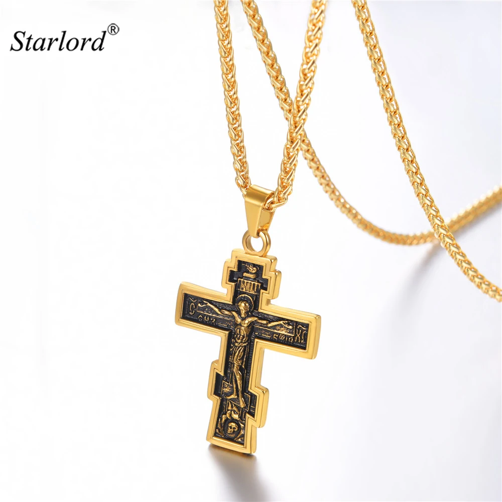 Orthodox Cross Necklace Stainless Steel Cross Charm Jesus of Nazareth King Calvary Jewelry For Russian GP3239