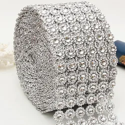 10Yards 6 Rows Sunflower Rhinestone Trim Diamond Mesh Flower Bling Crystal Applique Ribbon Wrap Trimming Wedding Cake Decoration