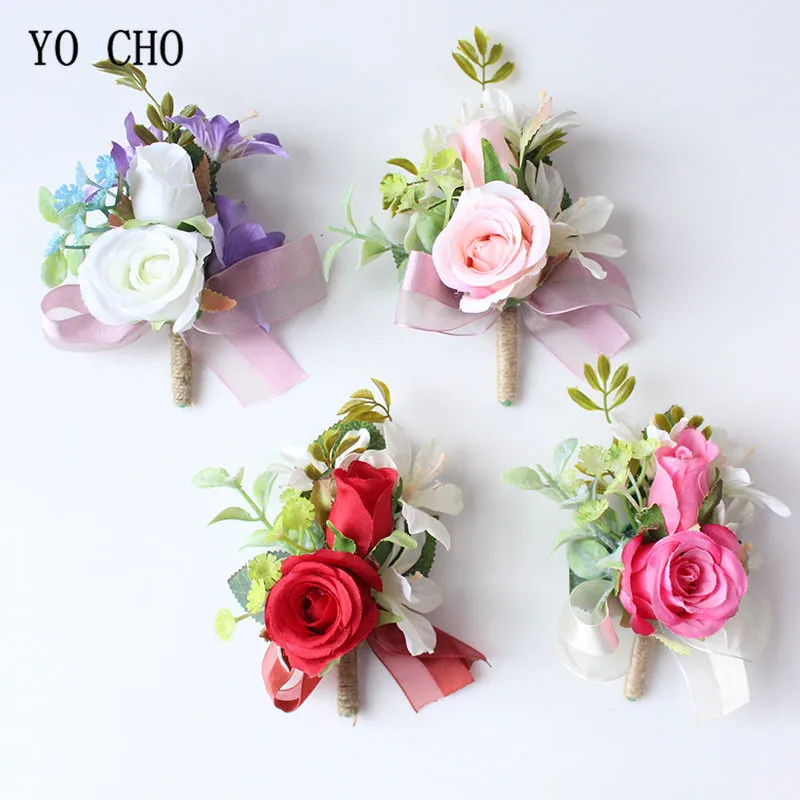 

YO CHO Handmade Boutonnieres Men Red Roses Bridal Wrist Flowers Bracelet Wedding Groom Boutonnieres Brooch Pin Marriage Supplies