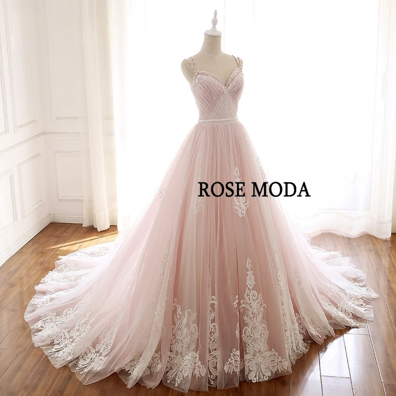 Rose Moda – magnifique robe de mariée en dentelle, Rose poussiéreux, col en V, avec fleurs, Photos réelles