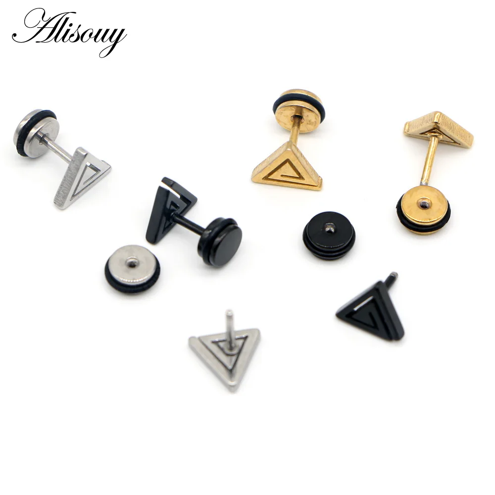 Alisouy 2pcs Casual Stainless Steel Triangle Design Stud Earrings Black Gold Color Man Fashion Jewelry Male Earrings