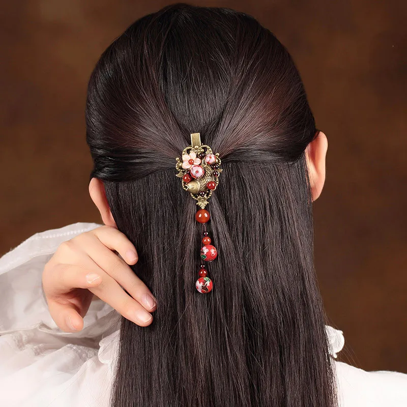 Vintage Fish Cloisonne Hair Clip red agate Garnet Barrettes Women Hair Accessories Head Jewelry Handmade Chinese Ethnic Hairpin