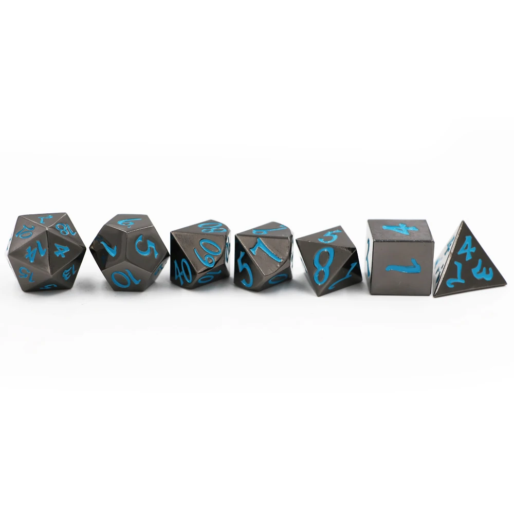 Imdg 7 Pcs/set Kreatif RPG Permainan Dadu Polyhedron Logam Dadu DND Besar Jenis Huruf Nikel Warna Biru Digital Permainan Dadu