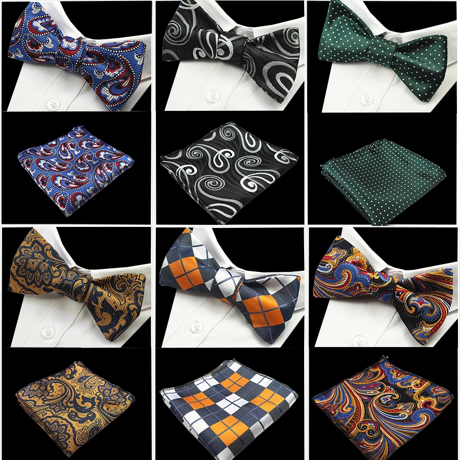 

GUSLESON New Design Self Bow Tie And Hanky Set Silk Jacquard Woven Men BowTie Pocket Square Handkerchief Suit Wedding Party