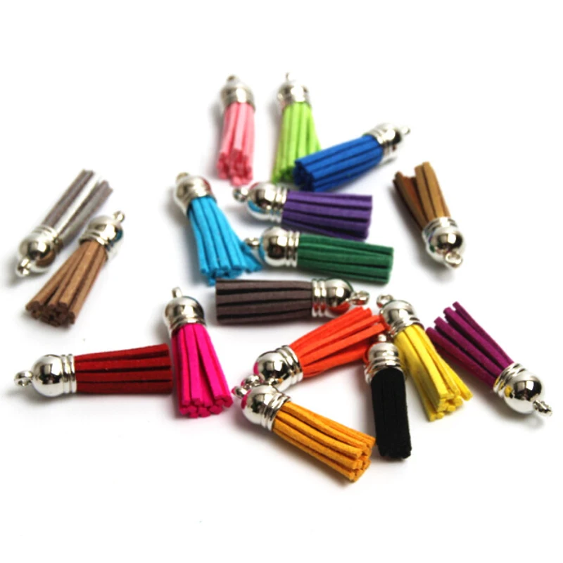 10pcs/lot silver plated plated Color Cap 38mm(1.49in) Leather Tassel for Keychain DIY Decoration Purl Bag borlas de colores