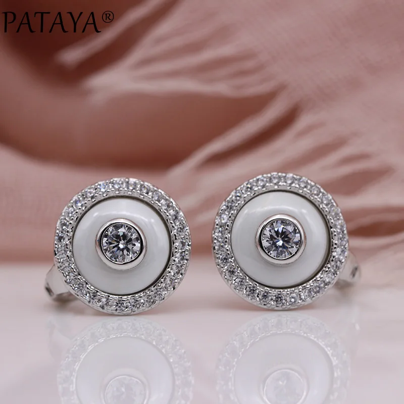 PATAYA New Promotion White Gold Color Ceramics Dangle Earrings Natural Zircon Women Wedding Fashion Jewelry Round Unique Earring