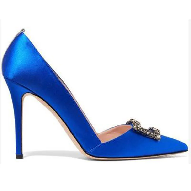 Sexy Royal blue Satin Crystal Buckle High Heels Pumps Pointed toe Woman Low Cut Summer Wedding  Shoes for Ladies