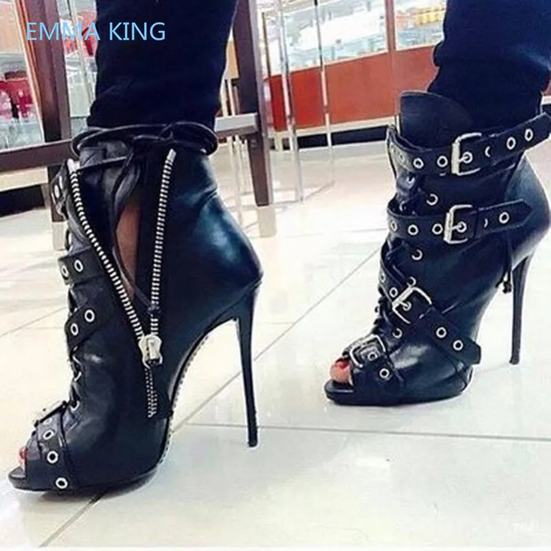 2019 Buckle Rivets Women Summer Punk Boots Peep Toe Black Leather High Heels Ladies Sexy Gothic Shoes Woman Runway Ankle Boots