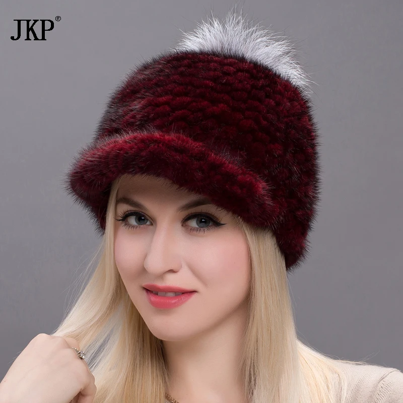 Real Natural Mink Fur Hat Style Winter Knitting Animals With Pompon Cute Cap Patchwork Color Fresh Woman  BZ17-01