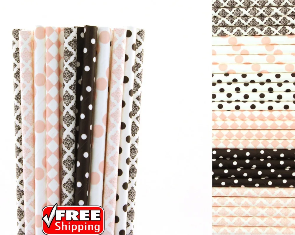 150 Pcs Mixed 6 Designs Light Pink and Black Themed Paper Straws-Damask,Dot,Diamond Paris Party Cake Pop Sticks Bulk,Decorative