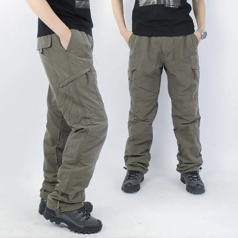 Mùa đông lông cừu lót hàng hóa của nam giới hai lớp quần quân sự ấm áp Cargo Pants Casual dài Baggy Army quần chiến thuật ngoài trời