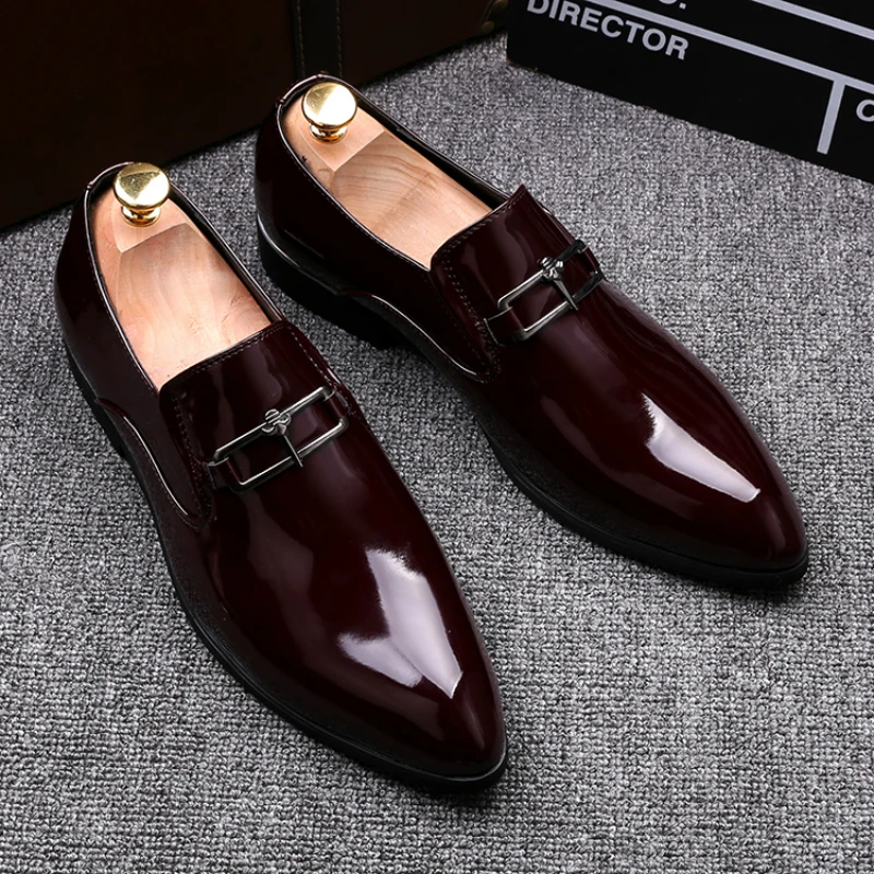 men casual business wedding formal dress bright patent leather shoes slip on lazy driving oxfords shoe black red loafers zapatos