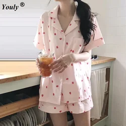 Strawberry Pink Printed Pajamas Set Women 2021 Summer Cute Turn Down Collar Blouse Tops And Hot Shorts Pajama Set Sleepwear