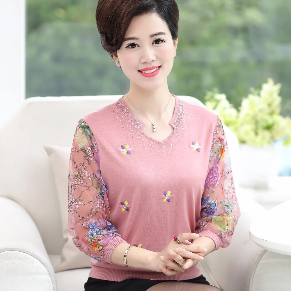 Women\'s floral blouse elegant lace sleeve shirt spring summer ladies embroidery knit blouse tops