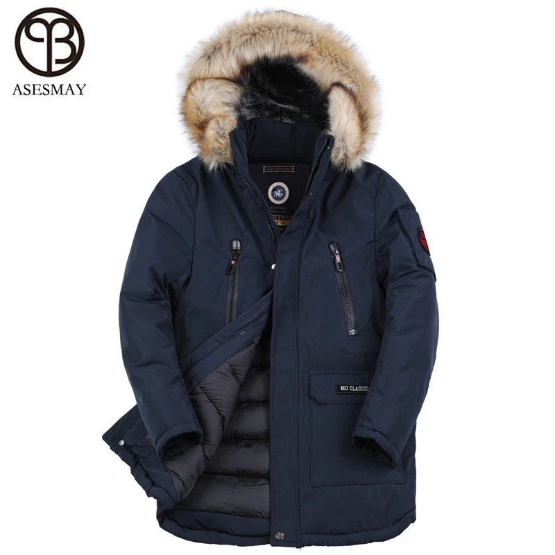 Asesmay 2024 Winter Men Jacket Very Thick Warm High Quality Men's Medium Long Parka Winter Coat Artifical Fur Hooded Plus Size