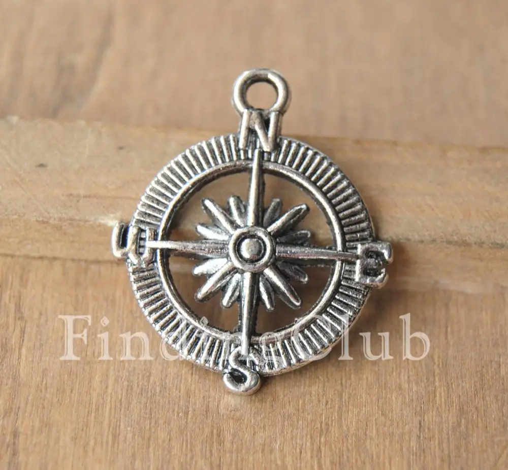 30 pcs 2 Colors Compass Charm Pendants Metal Bracelet Necklace Jewelry Findings 25mm