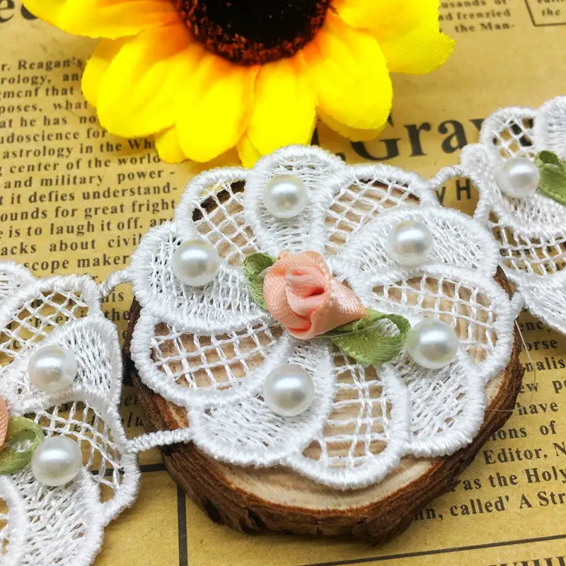 10X للذوبان زهرة الورد اللؤلؤ المطرزة شبكة الفرنسية الدانتيل تقليم الشريط النسيج لوازم الخياطة الحرفية لفستان مُصمم حسب الطلب قبعة ديكور #5