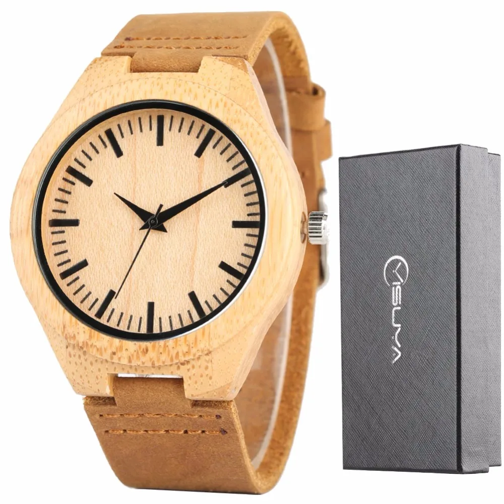 Men Watch Simple Bamboo Ebony Wood Watch Royal Blue Chic Black Quartz Watches Male Clock Hour Man Genuine Leather with Gifts Box