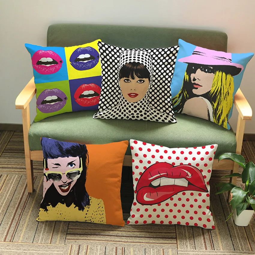 POP Art Fashion Girl Plaids Lip print Throw pillow home decor Retro Outdoor Decorative Square Chair Cushion For Car seat 45x45cm