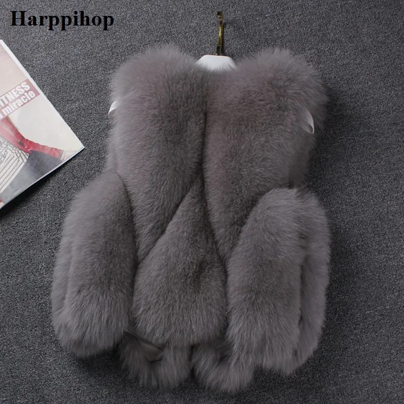 Harppihop Real Fox fur vest luxury Natural Fox fur Gilet Winter Warm waistcoat Lady Fashion Real Fox Fur Vest V115-1