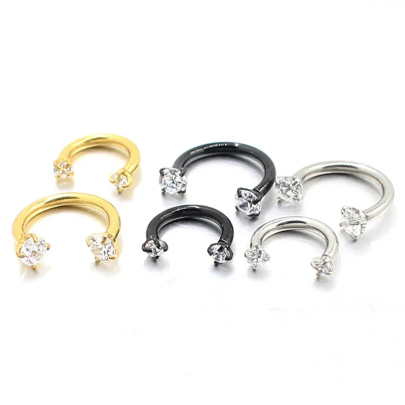 30PCS Double Headed Zircon U shaped Horseshoe Ring Piercing  Jewelry BCR Eyebrow Nail Lip Clear Gem 316L Stainless Steel