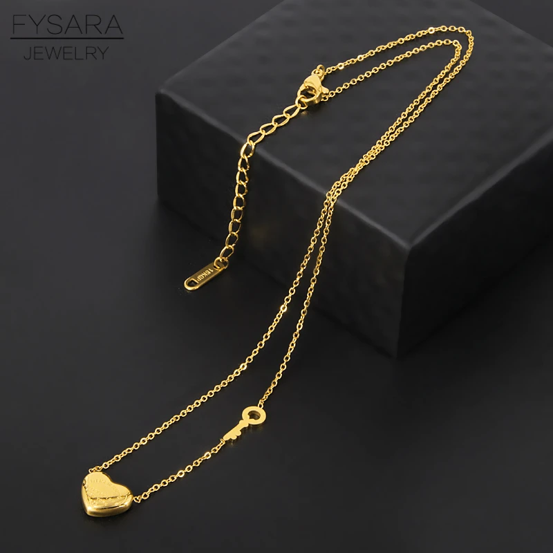 FYSARA Couple Forever Love Letter Short Necklace For Women Heart Key Pendant Necklace Stainless Steel Statement Clavicles Collar