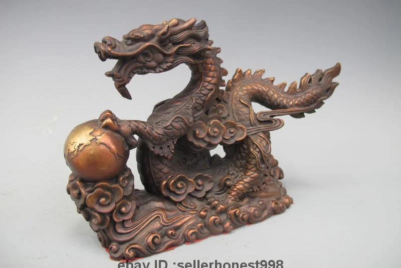 Chinese Royal Feng Shui red Pure bronze Fly Dragon Play Bead Statue